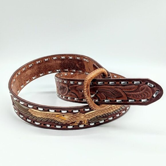 Mexican Silver Brown Hand-Tooled Painted Leather Belt - 36 - Picture 2 of 7